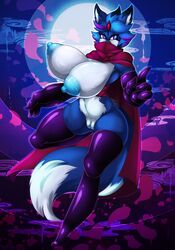 2018 absurd_res anthro areola artist-apprentice587 avian azura_(artist-apprentice587) beak big_breasts bird blue_jay breasts canid canine clothing corvid digital_media_(artwork) elbow_gloves female fox gloves hi_res hybrid jay_(bird) latex latex_gloves legwear looking_at_viewer mammal new_world_jay nipples nude pussy solo spreading thigh_highs