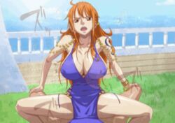 1boy 1girls animated big_breasts bouncing_breasts breasts clothed_female_nude_male clothed_sex cowgirl_position dress eye_contact female half-closed_eyes huge_breasts kyabakurabakufu long_hair looking_at_viewer male male_pov nami on_top one_piece orange_hair pov purple_dress sex sound_effects source_request squatting thick_thighs