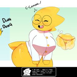 1:1 alphys anthro ass big_breasts big_butt blush bodily_fluids bottomless breasts buckteeth clothed clothing eyewear female female_only genital_fluids glasses huge_butt lab_coat nervous non-mammal_breasts open_mouth open_smile pussy pussy_juice reptile scales scalie smile solo somescrub sweat sweatdrop teeth thick_thighs undertale video_games voluptuous wide_hips yellow_scales