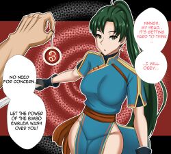 1girls english english_text femsub fire_emblem fire_emblem:_the_blazing_blade green_eyes green_hair hypnosis hypnotic_eyes hypnotized large_breasts lyn_(fire_emblem) maledom mind_control pendulum ponytail text toui