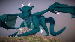 2018 3d all_fours animal_genitalia animal_penis barefoot belly_scales blue_penis blue_scales claws crouching digital_media_(artwork) dragon erection feral front_view garo_(garoshadowscale) genital_slit green_eyes horn knot long_neck looking_at_viewer male male_only membrane_(anatomy) membranous_wings paws penis quadruped reptile ridged_penis ridges scales scalie shaded shadow simple_background slit snout solo sredrahs standing stripe stripes teal_scales western_dragon wings