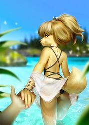 1girls 2019 ambiguous_gender animal_crossing anthro ass beach bedroom_eyes bikini dat_ass furry holding_hands isabelle_(animal_crossing) jewelry looking_at_viewer looking_back mammal nintendo partially_submerged seaside swimsuit tail wayn_animation yellow_fur