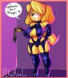 1girls 2015 alternate_hairstyle animal_crossing anthro breasts busty cleavage dominatrix english_text female femdom glasses isabelle_(animal_crossing) leather nintendo rhoarietis solo speech_bubble tagme text thick_thighs wide_hips