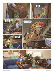 2019 adam_wan anthro anthro_on_anthro cheetah closer_(zaush) comic detailed_background digital_media_(artwork) english_text felid feline food group hi_res male male/male mammal otter pizza size_difference text zaush