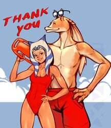 2019 ahsoka_tano alien alien_girl baywatch_(cosplay) baywatch_(franchise) breasts cleavage clone_wars crossover duo female gungan headband izra jar_jar_binks lifeguard male one-piece_swimsuit orange_skin public red_one-piece_swimsuit red_swimsuit rescue_buoy star_wars sunglasses swimsuit the_clone_wars:_season_seven togruta