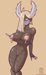 1girls 2018 abs angry annoyed anthro anthrofied areolae belly big_breasts black_eyes blonde_hair blush bodily_fluids breast_grab breasts brown_background brown_skin claws clothing eye_contact female fingerless_gloves fishnet fishnet_gloves fishnet_handwear fishnets gloves hair hair_over_one_eye half-closed_eyes hand_on_breast handwear holding horned_humanoid horns huge_breasts humanized humanoid insect lactation large_areola large_breasts looking_at_viewer mask milk navel nintendo nipples nude original_character pincers pinsir pokémon_(species) pokemon pokemon_rgby pose pussy simple_background solo standing text thetransformtentacle thick_thighs video_games watermark wide_hips