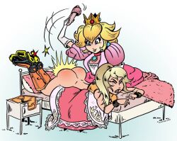 antonissen ass ass_up bed closed_eyes crossover crown having_fun legs_up mario_(series) metroid over_the_knee princess_peach samus_aran slippers smiling spanking zero_suit_samus