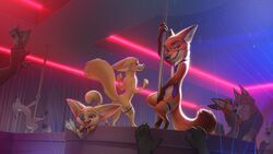 2019 4_fingers adam_wan anthro arctic_fox arctic_fox_masseuse_(zootopia) black_nose brown_eyes canid canine canis clothing crowd dancing digital_media_(artwork) disney fennec fingers finnick fox fur gary_(zootopia) group hi_res holding_money holding_object larry_(zootopia) male_focus male_only mammal money necktie nick_wilde nude open_mouth open_smile orange_fur pole pole_dancing size_difference skye_(zootopia) smile stripper_pole tail tan_fur teeth tongue wolf zaush zootopia