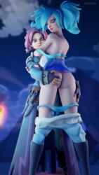 2girls 3d ass assisted_exposure bare_ass blue_hair evie_(paladins) exposed_ass female female_only groping groping_ass hand_on_ass jineisho looking_back maeve_(paladins) multiple_girls paladins panties_around_legs panties_down pants_around_legs pants_down partially_clothed partially_clothed_female pink_hair yuri