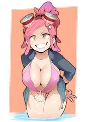 1girls arms_behind_back bangs bent_over bikini bikini_pull breasts cleavage cowboy_shot female female_only goggles grin hair_ornament hand_on_hip high_ponytail hotvr jacket large_breasts legs_together light-skinned_female light_skin mei_hatsume my_hero_academia open_clothes open_jacket open_mouth pink_bikini pink_hair smile solo swept_bangs swimsuit thigh_gap thighs yellow_eyes