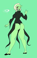 ass between_buttocks cosplay dat_ass disney dress_between_buttocks female female_only frostbiteboi green_skin grinning holding_object_between_buttocks looking_at_viewer looking_back lord_dominator one-punch_man patreon_reward tatsumaki_(cosplay) wander_over_yonder