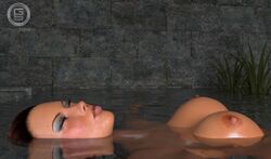 3d areolae big_breasts blush breasts breasts_out brown_hair closed_eyes eyeshadow female female_focus female_only floating floating_breasts gunnersteve3d lara_croft lara_croft_(classic) large_breasts lipstick nipples partially_submerged pinup pool realistic relaxing solo swimming swimming_pool thick_lips tomb_raider water wet