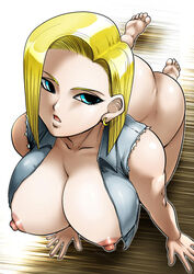 1girls all_fours android_18 ass barefoot big_ass big_breasts blonde_hair blue_eyes cleavage dat_ass denim_clothing dragon_ball dragon_ball_z ear_piercing earring erect_nipples feet looking_at_viewer milf on_knees open_mouth soles souryu toes