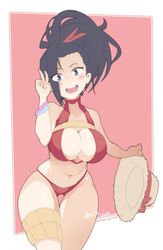 1girls bikini black_eyes black_hair blush breasts cleavage female female_only hat hotvr large_breasts light-skinned_female light_skin long_hair momo_yaoyorozu my_hero_academia navel open_mouth ponytail red_bikini smile solo swimsuit thick_thighs thigh_gap thigh_strap thighs wide_hips