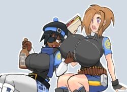 2girls alcohol ammo_belt belt belt_buckle big_breasts blue_clothing breast_grab breasts brown_hair dark-skinned_female dark_skin demoman drink drunk eyepatch female female_only femheavy food fully_clothed gloves grope groping groping_breasts groping_through_clothes hat heavy_weapons_guy huge_breasts light-skinned_female light_skin matsu-sensei open_mouth purple_eyes rule_63 sandwich shocked shocked_eyes team_fortress_2 voluptuous yuri