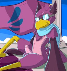 2019 absurd_res anthro avian balls beak bird boner digital_media_(artwork) erection eyewear feathers goggles hi_res humanoid_penis looking_at_viewer male male_only nude penis rivals_of_aether scarf solo ultilix video_games wings wrastor