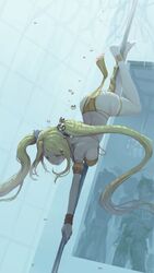 anklet aquarium arabian_clothes big_breasts blonde_hair bracelet bubbles crowd dancer_outfit fairy_tail female hair_ornament harem_outfit in_container loincloth lucy_heartfilia pole pole_dancing rou271 rou_(rou22) twintails underwater upside-down