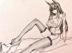 1boy 1girls animal_ears atago_(azur_lane) azur_lane bedroom_eyes clothed_female_nude_male cowgirl_position femdom foot_in_mouth foot_lick garter_belt girl_on_top high_heels long_hair monochrome neriaisu pencil_(artwork) sakura_empire_(azur_lane) sitting_on_person stockings thighhighs traditional_media_(artwork) white_background