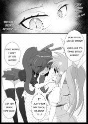 1futa 1girls bodysuit comic female futa_on_female futanari hand_on_another's_head lyrical_nanoha magical_girl magical_girl_outfit mahou_shoujo_lyrical_nanoha manga manga_page monochrome nanoha_takamachi onion_jigoku original_character self_upload wasp_girl_(onion_jigoku)