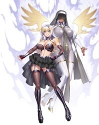 2girls alternate_hair_color angel angel_wings armor ass_visible_through_thighs bare_shoulders black_armor black_skirt black_thighhighs blonde_hair blue_eyes bodysuit boots breasts cleavage covered_eyes covered_face dark-skinned_female dark_skin earrings elbow_gloves female female_only fishnet_thighhighs fishnets frilled_skirt frills fully_clothed garter_straps gloves gradient_hair high_heels highres huge_breasts jewelry kagami_hirotaka large_breasts long_hair looking_at_viewer midriff multicolored_hair multiple_girls navel nun official_art open_mouth pelvic_curtain platform_boots platform_footwear revealing_clothes shiny_clothes skirt smile standing stockings sumitani_yumi taimanin_(series) taimanin_rpgx taimanin_suit teeth thighhighs tight_clothing two-tone_hair white_hair white_thighhighs wings