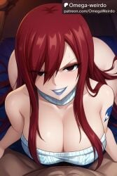 1girl1boy ai_generated bed big_breasts blue_lipstick corrupted corruption dress empty_eyes erza_scarlet evil_smile fairy_tail female gigantic_breasts lipstick long_hair makeup no_pupils obeying omega-weirdo patreon red_hair smile