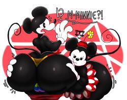 1boy 1girls anthro ass_focus ass_grab blush bulge_through_clothing disney exhibitionism femboy flower flower_on_head gay_pride gay_pride_colors head_on_ass male_focus male_in_lingerie mickey_mouse minnie_mouse panties pants_down pride_color_clothing public_domain speech_bubble tagme tagme_(artist) thedeathcrow05 white_gloves yellow_flower