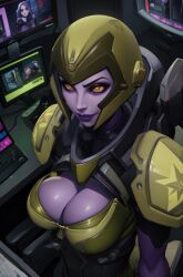 ai_generated alien alien_girl armor battleborn breasts cleavage female galilea_(battleborn) helmet purple_skin true_might's