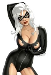 black_bodysuit black_cat_(marvel) blue_eyes bodysuit clawed_fingers exposed_breasts felicia_hardy hand_over_head marvel marvel_comics masked_female nearly_nude red_lipstick revealing_breasts spider-man_(series) torn_bodysuit unzipping_bodysuit webart20 white_hair