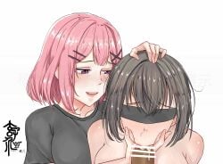 2girls :>= absurdres after_fellatio amaori_renako blindfold blush breasts censored cooperative_fellatio cum cum_in_mouth erection fellatio ffm_threesome group_sex hair_ornament hairclip hand_on_another's_chin highres kissing_penis koto_satsuki licking licking_penis long_hair multiple_girls open_mouth oral penis pink_hair pov simple_background smile straight teamwork_(sexual) threesome upper_body watashi_ga_koibito_ni_nareru_wake_naijan_murimuri x_hair_ornament xuan_zi_jie