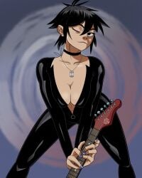 absurd_res black_hair bodysuit breasts choker cleavage gorillaz guitar harrisartz hi_res nail_polish necklace noodle_(gorillaz) purple_nail_polish purple_nails simple_background simple_coloring simple_shading tagme wink