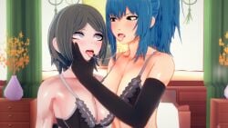 2girls 3d abs athletic_female big_breasts busty crossover danganronpa danganronpa:_trigger_happy_havoc hourglass_figure huge_breasts king_of_fighters kissing koikatsu large_breasts large_breasts_lesbian leona_heidern lesbian_kiss lingerie mukuro_ikusaba saliva_trail voluptuous voluptuous_female yuri