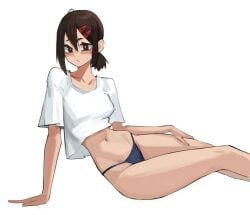 blue_panties brown_eyes brown_hair chainsaw_man hairpin kobeni_higashiyama midriff petite petite_body pose posing solo solo_female tefiblum white_background white_shirt