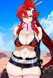 ai_generated bikini black_shorts cleavage creamy_ai curvy large_breasts long_hair navel pink_thighhighs red_hair short_shorts shorts tengen_toppa_gurren_lagann thick_thighs wide_hips yellow_eyes yoko_littner