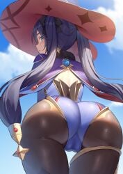 1girls alexmaster ass ass_focus big_ass blue_eyes breasts bubble_ass bubble_butt cameltoe clothing dat_ass female female_only genshin_impact hair hair_ornament hat headwear huge_ass legwear leotard looking_back mona_(genshin_impact) mona_ass purple_hair solo solo_female thick_thighs thigh_strap thighs twintails witch_hat