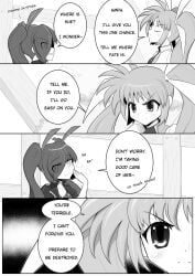 1futa 1girls bodysuit comic female futanari lyrical_nanoha magical_girl magical_girl_outfit mahou_shoujo_lyrical_nanoha manga manga_page monochrome nanoha_takamachi onion_jigoku original_character wasp_girl_(onion_jigoku)