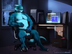 2017 4:3 anthro balls blue_body blue_nipples blue_penis by-nc-nd creative_commons detailed_background digital_media_(artwork) dragomar erection hi_res humanoid_penis lizard male male_only masturbation musclegut night nipples nude obfuscator open_mouth penis reptile scalie slightly_chubby solo yellow_eyes