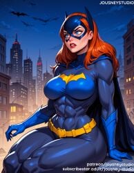 abs ai_generated arm_support bangs barbara_gordon batgirl batman batman_(series) belt blue_bodysuit blue_eyes blue_gloves blush bodysuit breasts building cape city cityscape clothing cloud covered_abs covered_navel dc_comics domino_mask english_text female female female_only gloves jousneystudio large_breasts lips lipstick long_hair looking_at_viewer makeup mask moon muscle muscular_female navel night night_sky orange_hair outdoors parted_lips red_hair red_lips sitting skin_tight sky smile solo superhero superheroine teeth thick_thighs thighs wide_hips