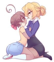 age_difference blonde_hair brown_hair clothed cute jeans kissing original_character original_characters peachpurin secretary tagme yuri