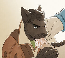 anthro anthro_penetrated bara black_fur blowjob blue_eyes bodily_fluids bottomless claws clothed clothing cum cum_in_mouth cum_inside cum_on_penis digital_media_(artwork) dorian_pavus dragon_age duo faceless_male felid fellatio fully_clothed fur furry gay gay_blowjob gay_furry gay_male gay_sex genital_fluids grabbing_penis hand_on_chin human human_on_anthro human_penetrating human_penetrating_anthro interspecies mage male male/male male_only mammal oral pantherine penetration penile penis salvation sex solo_focus video_games yaoi