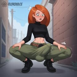 1futa ai_generated alley belt boots bulge covered_penis crop_top erect_penis erection erection_under_clothes erection_under_clothing flordulce futa_only futa_sans_pussy futanari green_eyes hands_on_knees huge_cock kim_possible kimberly_ann_possible long_hair midriff orange_hair outdoors pants penis solo_futa spread_legs squatting surprised throbbing_penis turtleneck