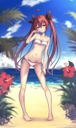 2d 2d_(artwork) ass beach belly_button bikini breasts date_a_live female female_only itsuka_kotori light-skinned_female red_eyes red_hair ribbon small_breasts solo solo_female thighs twintails