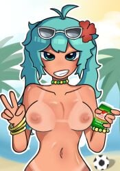 aqua_hair brazil brazilian brazilian_female brazilian_miku breasts exposed_breasts hatsune_miku kunstupid123 no_nose nude nude_female peace_sign suntan tagme tanline tanlines vocaloid