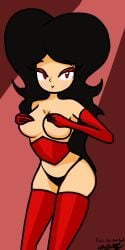 1girls black_panties breasts cartoony chibi covering_breasts dark_hair grabbing_breasts long_hair original_character pinup red_clothing red_eyes red_gloves red_lipstick red_stockings red_theme seductive seductive_eyes seductive_look seductive_smile thick_thighs