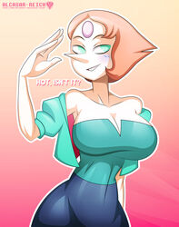 1girls alcasar-reich alternate_breast_size arm_up bare_shoulders blue_eyes blush breasts cleavage covered_navel forehead_jewel half-closed_eyes jacket large_breasts looking_at_viewer pearl_(steven_universe) short_hair sleeves_rolled_up smile steven_universe text white_skin