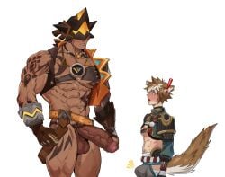 2boys abs bara big_penis blonde_hair blush boner erection_under_clothes gay genshin_impact genzonillablack gorou_(genshin_impact) muscular muscular_male sauroform_tribal_warrior shocked_expression tattoo tepetlisaurus_warrior_(genshin_impact) tepetlisaurus_warrior_rockbreaker_blade_(genshin_impact)