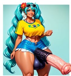 1futa ai_generated aqua_eyes aqua_hair big_balls big_penis brazil brazilian brazilian_futa brazilian_miku clothed clothing denim_shorts futanari hatsune_miku horse_penis horsecock horsecock_futanari huge_cock human_with_animal_genitalia human_with_horsecock latin_american_hatsune_miku_(meme) latina long_hair long_penis pointer_warrior_ai short_shorts thick_thighs thong_aside vocaloid