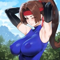 1girls ai_generated arms_behind_head brown_eyes brown_hair cleavage covered_nipples creamy_ai curvy final_fantasy_vii jessie_rasberry large_breasts leotard one_eye_closed solo thiccwithaq_(ai_style) upper_body