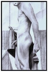 birthday_suit gay gay_male hand_drawn handdrawn handdrawn_art male male_only naked naked_male nude nude_male pencil pencil_(artwork) pencil_sketch sketches_by_adab towel_boy towel_only