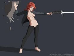 1girls action_pose areolae aurora-zone barefoot breasts casual control exposed_breasts female female_only firearm gun handgun human jacket jesse_faden medium_breasts navel nipples no_bra open_pants outerwear pale_skin red_hair revolver shooting solo tagme topless weapon