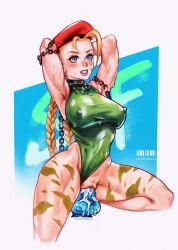 alternate_breast_size armpits arms_up blonde_hair blue_eyes blush braid breasts cammy_white chains clenched_teeth covered_nipples dildo dildo_riding female female_masturbation female_pubic_hair garrison_cap green_leotard hat highres large_breasts leotard masturbation object_insertion pubic_hair pussy_juice red_hat sex_toy solo sparse_pubic_hair street_fighter teeth thighs twin_braids vaginal_object_insertion vaginal_penetration veloaoi